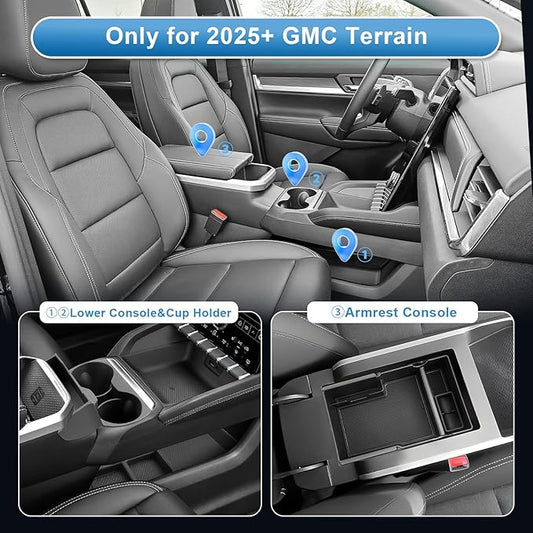 (3Pack) Coleya 2025 2026 Terrain Center Console Organizer (Cup Holder+Lower Console Tray+Armrest Tray)(Elevation/Denali/AT4), Durable ABS Plastic&Anti-Slip Console Tray Insert 2025 Terrain Accessories