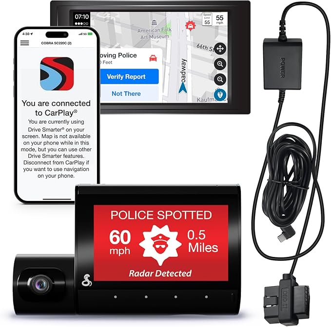 Cobra SC 220C Smart Dash Cam + Cobra 2.5A DIY Hardwire Kit - OBDII Port to USB-C/Micro-USB with 15ft Cable