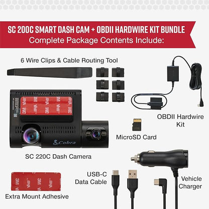Cobra SC 220C Smart Dash Cam + Cobra 2.5A DIY Hardwire Kit - OBDII Port to USB-C/Micro-USB with 15ft Cable