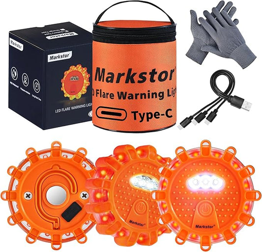 LED Road Flares 3 Pack Roadside Emergency Car Kit, Road Safety Flare Light USB Rechargeable (lithium battery),Safety Beacon Warning Light | 9 Flash Modes,With Magnet & Hook