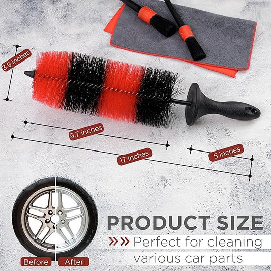 (Upgraded) TAKAVU Premium Wheel & Tire Brush, Long Bristle Detailing Brush for Effortless Rim & Tire Cleaning, Non-Slip Handle, Built-in Knuckle Guard, Deep Reach for Brake Dust & Dirt Removal (Red)